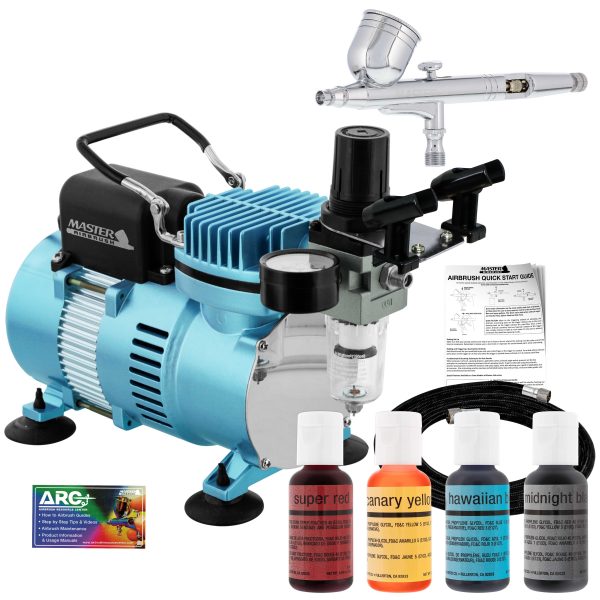 Cake Decorating Airbrushing System Kit with a 4 Color Chefmaster Food Coloring Set - G22 Gravity Feed Airbrush, Air Compressor, Guide Booklet Online now