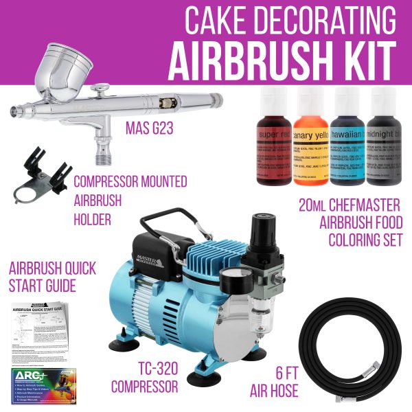 Cake Decorating Airbrushing System Kit with a 4 Color Chefmaster Food Coloring Set - G22 Gravity Feed Airbrush, Air Compressor, Guide Booklet Online now - Image 2
