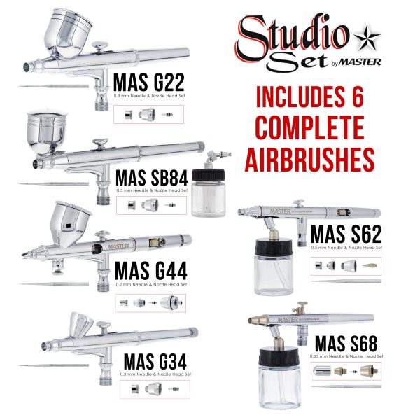 6 Master Model G22, G34 & G44 Gravity Feed, S62 & S68 Siphon Feed, S68 Side Feed Airbrushes with Twin Piston Air Compressor with Storage Tank Online Sale - Image 3